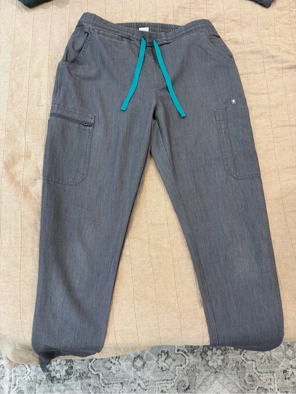 Figs women's Gray Cargo Pants with Teal Drawstring